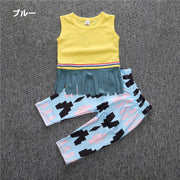 セットアップ 2点セット 子供服 キッズ ベビー 女の子 タンクトップ 長ズボン スパッツ フリンジ へそ出し 短め丈 おしゃれ ラウンドネック タッセル ノースリーブ 上下セット プリント柄 かわいい カジュアル 普段使い デイリー お出かけ