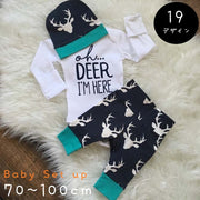 セットアップ 3点セット ロンパース ロングパンツ ヘアバンド ハット 赤ちゃん ベビー 子ども服 トップス ボトムス 長袖 裾リブ 丸首 ラウンドネック フロントプリント 総柄 ボーダー 花柄 かわいい キュート 出産祝い
