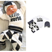 セットアップ 3点セット ロンパース ロングパンツ ヘアバンド ハット 赤ちゃん ベビー 子ども服 トップス ボトムス 長袖 裾リブ 丸首 ラウンドネック フロントプリント 総柄 ボーダー 花柄 かわいい キュート 出産祝い