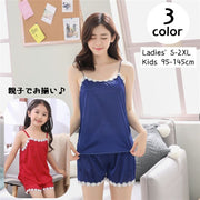 親子ペアルック ルームウェア 上下セット キャミソール ショートパンツ レディース キッズ ジュニア ベビー 子供服 お揃い 花 レース 光沢感 無地 可愛い おしゃれ 親子コーデ リンクコーデ パジャマ 部屋着 寝間着 寝巻き ナイトウェア 女の子 女性用 大きいサイズあり 夏