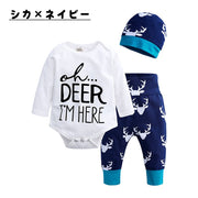 セットアップ 上下セット 子供服 3点セット ロンパース 長袖 長ズボン 帽子 バンダナ プリント 可愛い お洒落 英字 花 シカ ボーダー 男の子 女の子 ベビー ベビー服