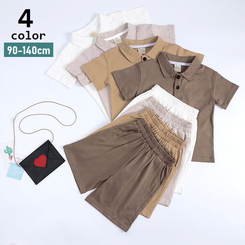 セットアップ 上下セット 子供服 ポロシャツ 短パン 半袖 半ズボン ショートパンツ キッズ ベビー ジュニア 女の子 男の子 プルオーバー トップス ボトムス ハーフボタン ポケット付き 無地 ソリッドカラー シンプル 着回し カジュアル 女子 男子 こども服