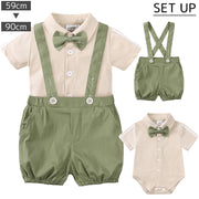セットアップ 2点セット ロンパース ショートパンツ サスペンダー 蝶ネクタイ 襟付き ベビー キッズ 男の子 子供服 ボディスーツ 前開き ボタン 短パン ウエストゴム 裾ゴム フォーマル カジュアル おしゃれ