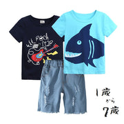 セットアップ キッズ ベビー 子供服 男の子 上下 3点セット Tシャツ 半袖 デニム ダメージパンツ ハーフパンツ ギター カジュアル サメ