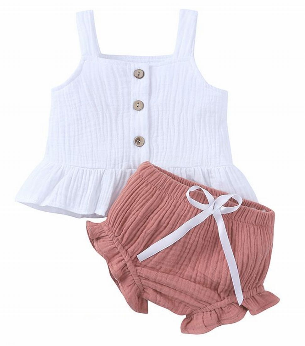 セットアップ 上下セット 子供服 ベビー キッズ 赤ちゃん 赤ん坊 キャミソール ブルマパンツ 2点セット かぼちゃパンツ 裾フリル ハーフボタン 女の子 ウエストゴム トップス ボトムス プルオーバー リボン付き 新生児 乳幼児 可愛い おしゃれ 70 80 90 100