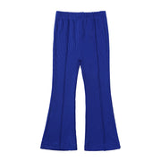 セットアップ 上下セット キッズ 子供服 2点セット トップス ボトムス 単色 無地 ショート丈 半袖 ラウンドネック ワイドパンツ ロングパンツ フレアパンツ ウエストゴム 長ズボン リブ生地 へそ出し 肌見せ かわいい おしゃれ シンプル お出かけ イベント ダンス 発表会 青 緑 橙 ローズ