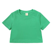 セットアップ 上下セット キッズ 子供服 2点セット トップス ボトムス 単色 無地 ショート丈 半袖 ラウンドネック ワイドパンツ ロングパンツ フレアパンツ ウエストゴム 長ズボン リブ生地 へそ出し 肌見せ かわいい おしゃれ シンプル お出かけ イベント ダンス 発表会 青 緑 橙 ローズ