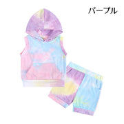 セットアップ 上下セット パーカー ショートパンツ キッズ 子供服 女の子 男の子 タイダイ柄 ノースリーブ フード付き 半ズボン ウエストゴム かわいい カジュアル お出かけ 部屋着 黄色 紫 グレー 緑 青 ローズ