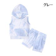 セットアップ 上下セット パーカー ショートパンツ キッズ 子供服 女の子 男の子 タイダイ柄 ノースリーブ フード付き 半ズボン ウエストゴム かわいい カジュアル お出かけ 部屋着 黄色 紫 グレー 緑 青 ローズ