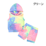 セットアップ 上下セット パーカー ショートパンツ キッズ 子供服 女の子 男の子 タイダイ柄 ノースリーブ フード付き 半ズボン ウエストゴム かわいい カジュアル お出かけ 部屋着 黄色 紫 グレー 緑 青 ローズ