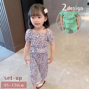 セットアップ 上下セット キッズ ベビー 子供服 女の子 半袖 長ズボン パフスリーブ スクエアネック 花柄 ギンガムチェック かわいい おしゃれ カジュアル バルーンスリーブ ロングパンツ ガールズ 女児 赤ちゃん フラワー グリーン パープル 緑 紫