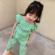 セットアップ 上下セット キッズ ベビー 子供服 女の子 半袖 長ズボン パフスリーブ スクエアネック 花柄 ギンガムチェック かわいい おしゃれ カジュアル バルーンスリーブ ロングパンツ ガールズ 女児 赤ちゃん フラワー グリーン パープル 緑 紫