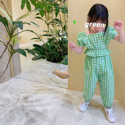 セットアップ 上下セット キッズ ベビー 子供服 女の子 半袖 長ズボン パフスリーブ スクエアネック 花柄 ギンガムチェック かわいい おしゃれ カジュアル バルーンスリーブ ロングパンツ ガールズ 女児 赤ちゃん フラワー グリーン パープル 緑 紫