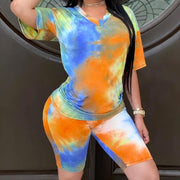 セットアップ Tシャツ ショートレギンス 上下セット レディース スポーツウエア ルームウエア タイダイ マルチカラー サイケ 半袖 Vネック ショートスパッツ スリム フィット フィットネス ジム