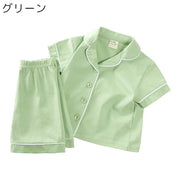 パジャマ 上下セット キッズ ベビー 男の子 女の子 子供服 トップス ボトムス 半袖 半ズボン ショートパンツ ナイトウェア ルームウェア 前開き ボタン 襟付き 春夏 かわいい シンプル