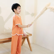 ルームウェア 部屋着 セットアップ Tシャツ ロングパンツ 長ズボン 上下セット 2点セット パジャマ キッズ ベビー 子供用 子ども用 男の子 女の子 赤ちゃん 幼児 半袖 丸首 ラウンドネック クルーネック プルオーバー ゴムウエスト 無地 シンプル カジュアル ラフ 春 夏