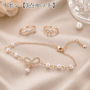 アクセサリー 3点セット 指輪 ブレスレット レディース 女性 リング ネコ 猫 リボン モチーフ かわいい フェミニン キュート かわいい 上品 贈り物 ギフト プレゼント