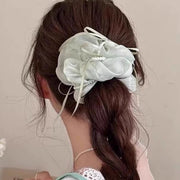 シュシュ 2個セット レディース 女性 ヘアアクセサリー ロングリボン 大きめリボン フェイクパール オーガンジー まとめ髪 ヘアアレンジ きれいめ 上品 おしゃれ かわいい プレゼント 贈り物 プチギフト