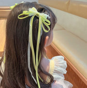 キッズ ヘアアクセサリー ヘアゴム ロングリボンヘアクリップ 2点セット 子供用 女の子 女子 ニュアンスカラー 髪飾り 髪留め かわいい おしゃれ キュート お呼ばれ 普段使い