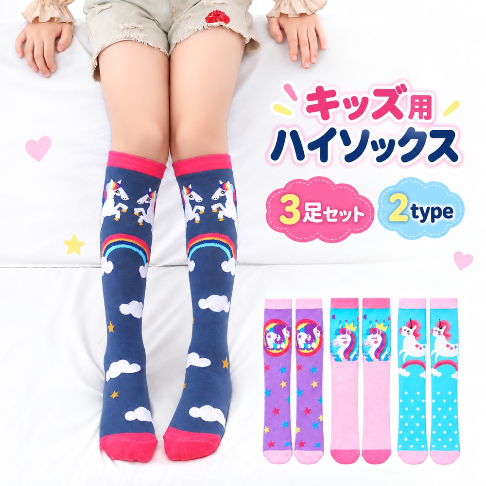 ハイソックス キッズ 女の子 3足セット 靴下 ロング ユニコーン モチーフ カラフル 総柄 かかとなし かわいい 通園 通学 園児 小学生 子供用