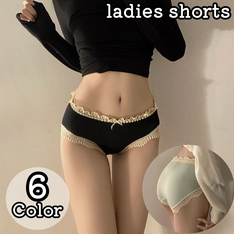ヒップハンガーショーツ フリルショーツ レディース インナー パンツ レース 下着 かわいい ガーリー 配色 ランジェリー フェミニン リボン付き 無地 シンプル
