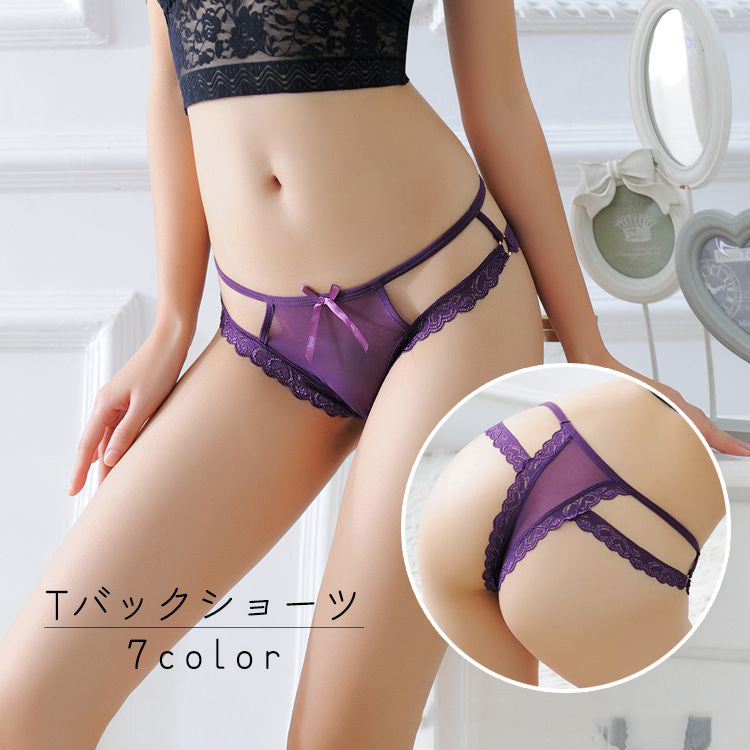 Tバックショーツ タンガ レディース 女性用 インナー パンツ リボン レース セクシー 透け感 シースルー 透ける 黒 赤