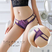 Tバックショーツ タンガ レディース 女性用 インナー パンツ リボン レース セクシー 透け感 シースルー 透ける 黒 赤