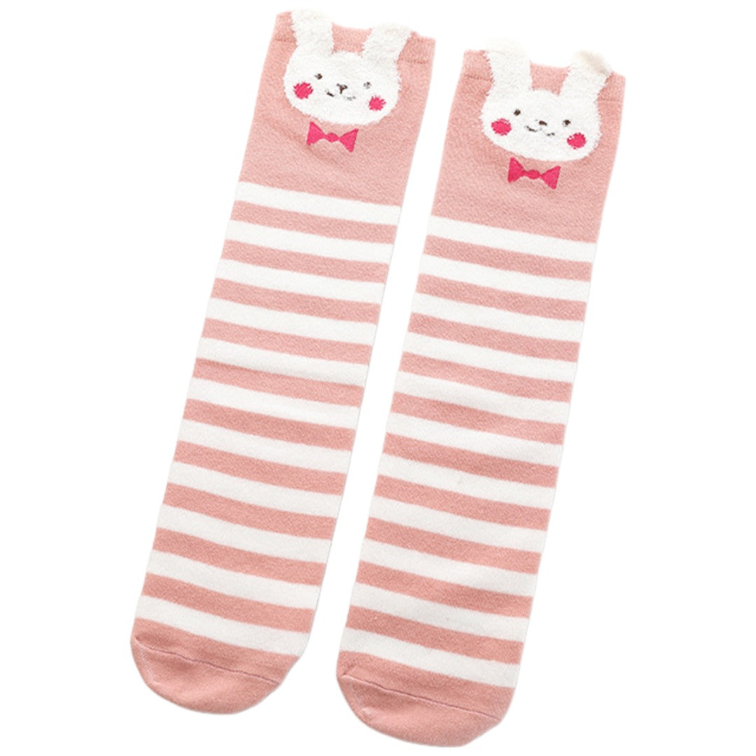 靴下 ハイソックス かかとなし キッズ 子供用 女の子 くつ下 ロング丈 アニマル ボーダー ネコ ウサギ 可愛い おしゃれ 外出 お出掛け 通園 通学 女児 女子 こども用