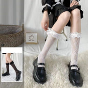 ハイソックス 靴下 レディース 女性 くつした レース フリル くつ下 レッグウェア ロング クルーソックス 透け感 シアー シースルー セクシー 伸縮性 おしゃれ かわいい キュート ガーリー 総レース ギャザー ハート柄 単色 お出かけ パーティ お呼ばれ 仮装 白 黒