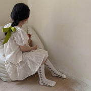 ハイソックス かかとなし キッズ 子供 女の子 靴下 くつ下 チェック フラワー 花 リーフ レース メッシュ シースルー 透け感 ガーリー 可愛い おしゃれ