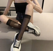 ハイソックス レディース 女性 靴下 くつ下 膝下 透け感 シースルー 薄手 無地 単色 シンプル 普段使い お出かけ かわいい おしゃれ 夏 黒 白 ブラック ホワイト