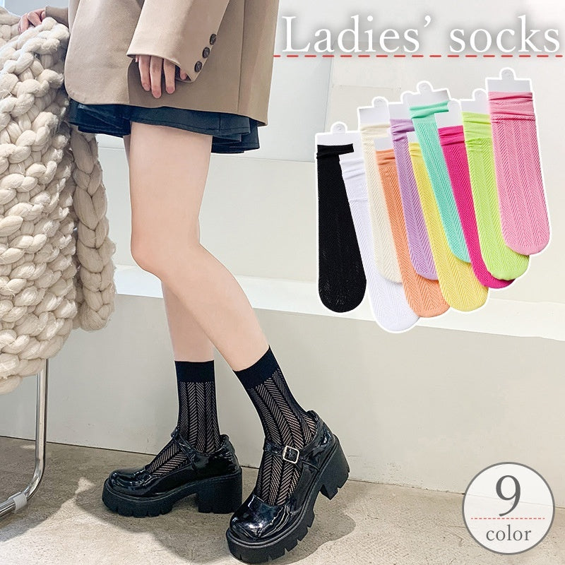 クルーソックス ショートソックス レディース 女性 女の子 靴下 くつ下 薄手 メッシュ 透け感 シースルー 通気性 蒸れにくい 単色 かわいい ガーリー