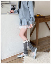 レッグウォーマー レディース リブニット ミドル レース リボン メロウフリル 美脚 ロリータ 可愛い 冷え取り ルーズソックス風