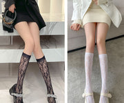 ハイソックス レディース 靴下 くつ下 レース ハート 花柄 ロング 膝下 美脚 可愛い ロリータ コスプレ ブラック ホワイト