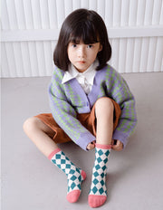 クルーソックス 3足セット キッズ ジュニア 子供用 男の子 女の子 靴下 ショートソックス チェック柄 ダイヤ柄 菱形 おしゃれ かわいい カラフル カジュアル 通学 日常使い デイリー アクセント 柄入り ひし形 レッグウェア ピンク ブルー グレー グリーン ブラウン 青 緑 茶色