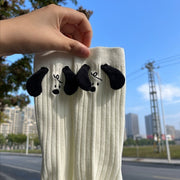 クルーソックス 靴下 クルー丈 レディース 女性 婦人 くつ下 耳付き アニマル 顔 刺繍入り かわいい キュート ガーリー おしゃれ 個性的 面白い シンプル お出かけ プレゼント ギフト 誕生日 黒 白