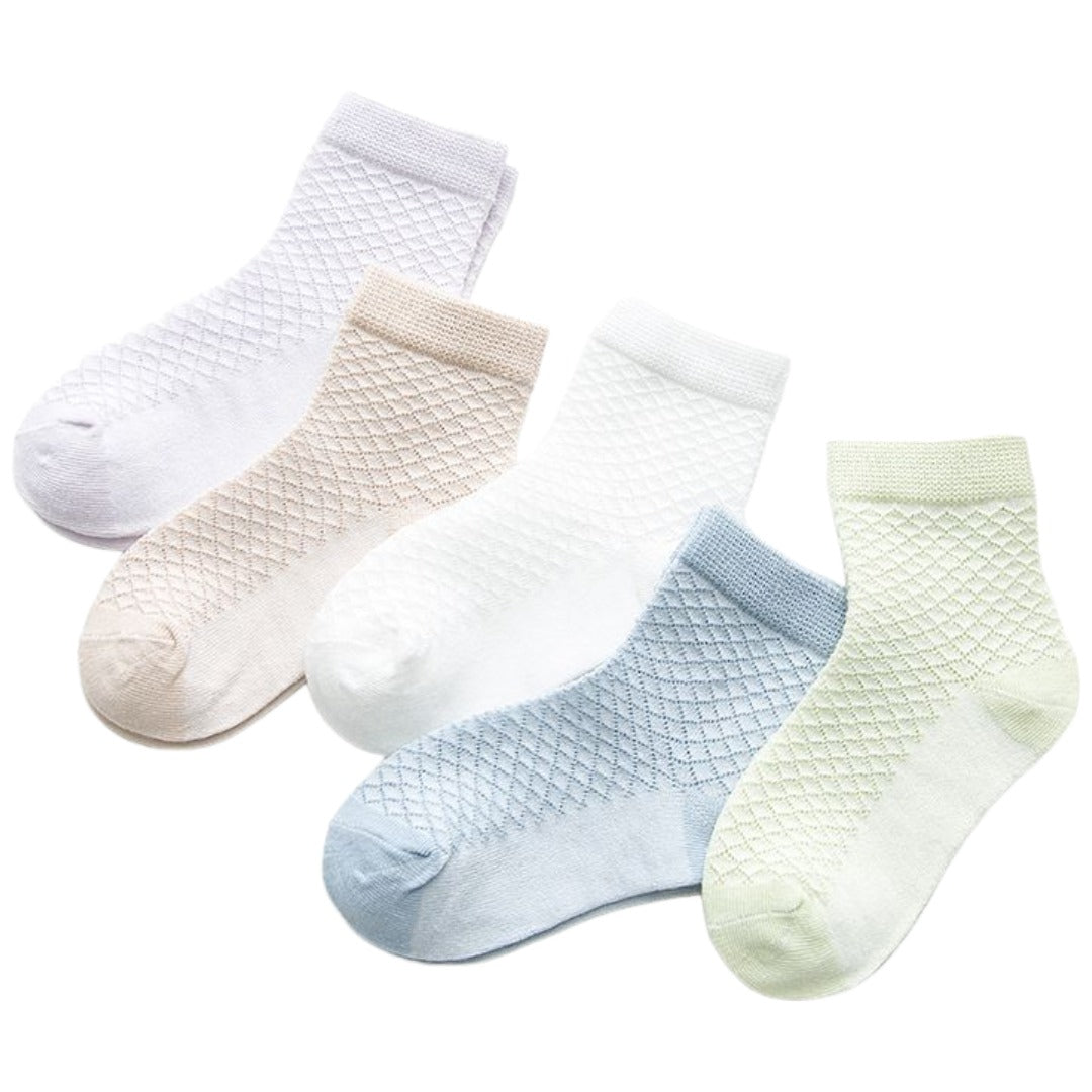 靴下 ソックス 5足セット 5足組 ベビー キッズ クルー丈 通気性 夏 春 女の子 男の子 9cm 10cm 12cm14cm 16cm 18cm 19cm 20cm 21cm 22cm ショート丈 短い ファッションアイテム カジュアル おしゃれ 無地 シンプル 単色 パステルカラー メッシュ