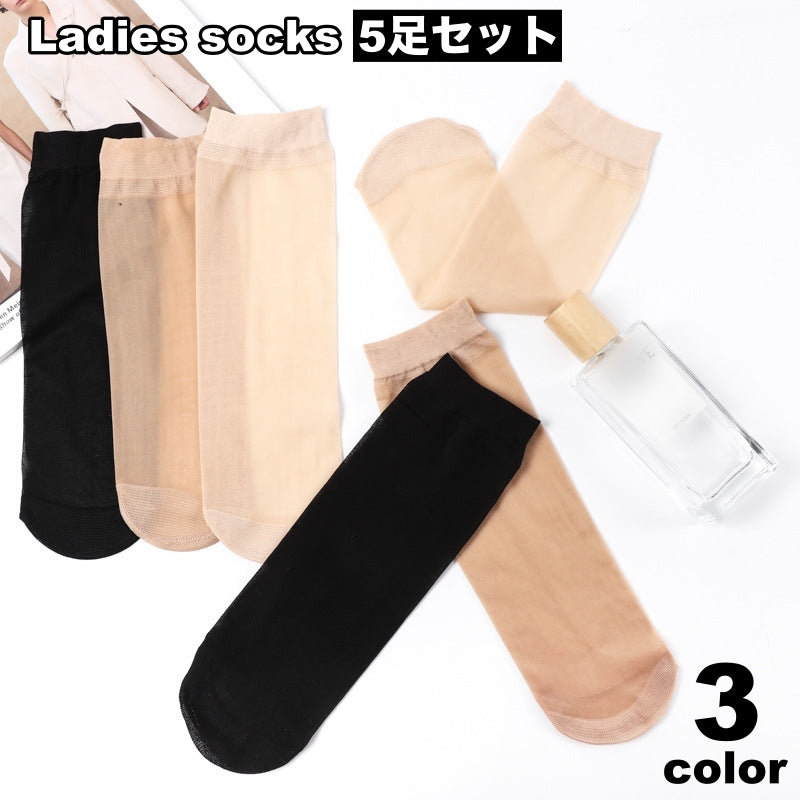 靴下 クルーソックス 5足セット レディース 女性 ショートストッキング シースルー シアー 透け感 薄手 通気性 かわいい 無地 単色 おしゃれ 上品 きれいめ お出かけ 通勤 お呼ばれ パーティ