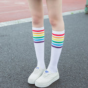 レディース靴下 ハイソックス 靴下 ソックス 女性用 かわいい おしゃれ カジュアル レインボー 虹色 ボーダー ライン ブラック ホワイト