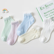 クルーソックス 5足セット 靴下 キッズ ベビー 子供用 女の子 くつ下 薄手 メッシュ レース ショートソックス フリル キュート ガーリー かわいい おしゃれ ひらひら くるぶし丈 単色 通気性 お出かけ お呼ばれ パーティ プレゼント ギフト 青 黄 紫 緑 白