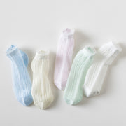 クルーソックス 5足セット 靴下 キッズ ベビー 子供用 女の子 くつ下 薄手 メッシュ レース ショートソックス フリル キュート ガーリー かわいい おしゃれ ひらひら くるぶし丈 単色 通気性 お出かけ お呼ばれ パーティ プレゼント ギフト 青 黄 紫 緑 白
