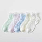 クルーソックス 5足セット 靴下 キッズ ベビー 子供用 女の子 くつ下 薄手 メッシュ レース ショートソックス フリル キュート ガーリー かわいい おしゃれ ひらひら くるぶし丈 単色 通気性 お出かけ お呼ばれ パーティ プレゼント ギフト 青 黄 紫 緑 白