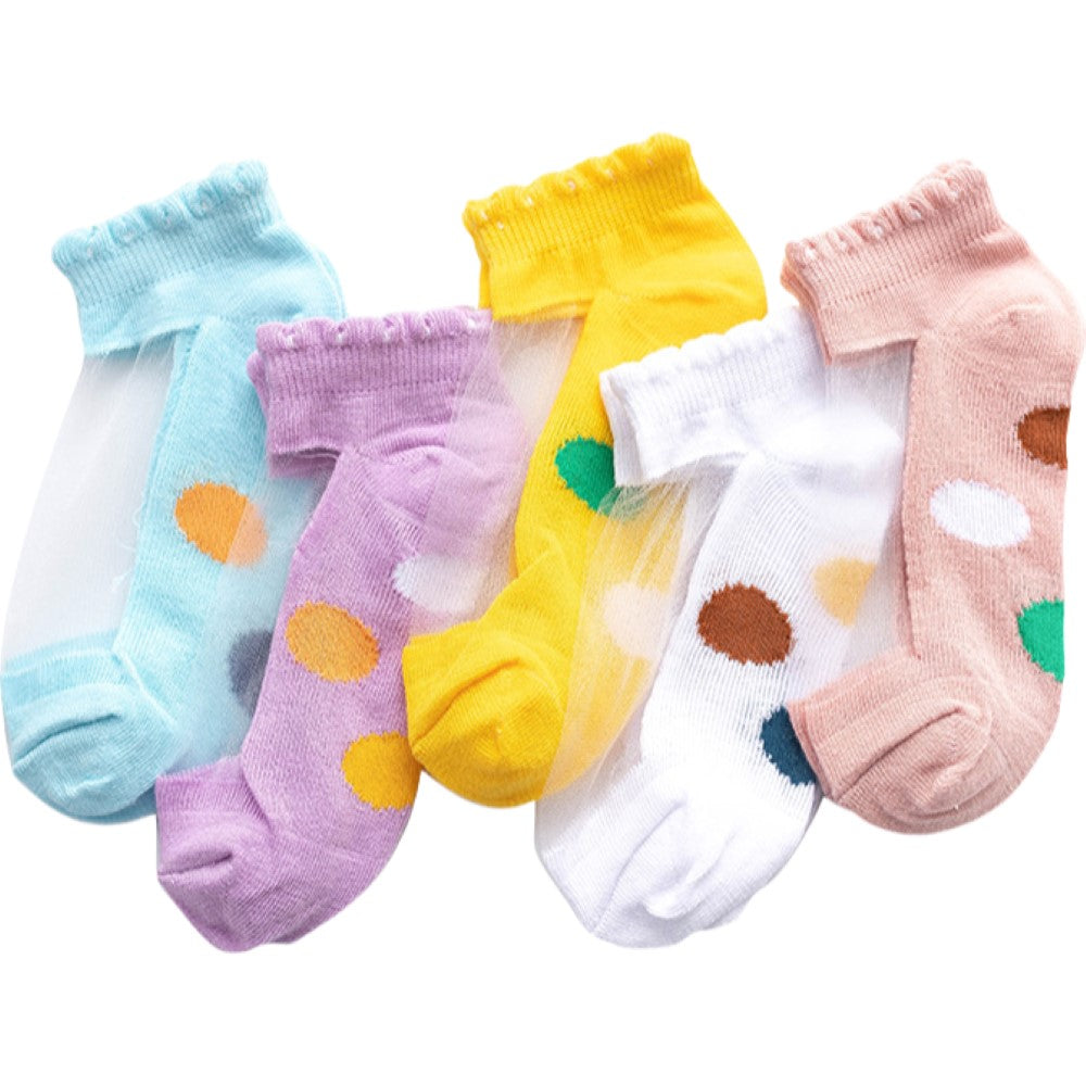 靴下 ショートソックス 5足セット 子供用 キッズ ベビー 女の子 くつ下 シースルー メッシュ 透け感 通気性 ドット柄 水玉模様 かわいい おしゃれ お出かけ 普段使い ファッション小物