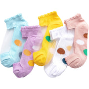 靴下 ショートソックス 5足セット 子供用 キッズ ベビー 女の子 くつ下 シースルー メッシュ 透け感 通気性 ドット柄 水玉模様 かわいい おしゃれ お出かけ 普段使い ファッション小物