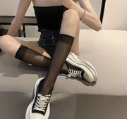 ハイソックス 靴下 くつ下 レディース 女性 婦人用 ガールズ ジュニア 膝下丈 ロング丈 透け感 シアー おしゃれ かわいい シースルー 薄手 シンプル 単色 無地 ゴスロリ コスプレ ロリータ