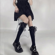 ハイソックス レディース ソックス 靴下 シースルー リボン フリル ロリータ ゴシック ゴスロリ かわいい おしゃれ 女性 コスプレ フェミニン 仮装 衣装 パーティー イベント