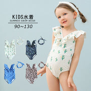 子供用水着 ワンピースタイプ カチューシャ付き 2点セット Vネック フリル スイムウェア キッズ 女の子 ガールズ 女子 サボテン柄 ヒョウ柄 デニム風 海水浴 プール ビーチ 水遊び リゾート 夏 かわいい 可愛い 女児 子ども用 こども用 小学生 90cm 100cm 110cm 120cm 130cm