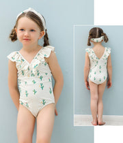 子供用水着 ワンピースタイプ カチューシャ付き 2点セット Vネック フリル スイムウェア キッズ 女の子 ガールズ 女子 サボテン柄 ヒョウ柄 デニム風 海水浴 プール ビーチ 水遊び リゾート 夏 かわいい 可愛い 女児 子ども用 こども用 小学生 90cm 100cm 110cm 120cm 130cm