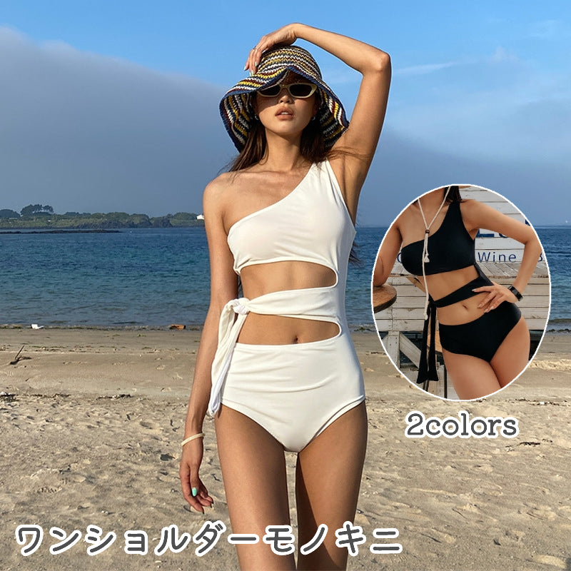 水着 モノキニ ワンピース レディース ワンショルダー カットアウト ウエストリボン パッド取り外し可能 無地 シンプル セクシー ビーチ リゾート