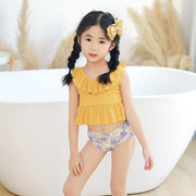水着 上下セット セパレート タンキニ キッズ 子供用 女の子 無地 花柄 クルーネック フリル へそ出し ースリーブ スイムウェア スイミング 水泳 プール 海 海水浴 ビーチ おしゃれ かわいい カジュアル シンプル 女児 アウトドア イエロー 白 90 100 110 120 130